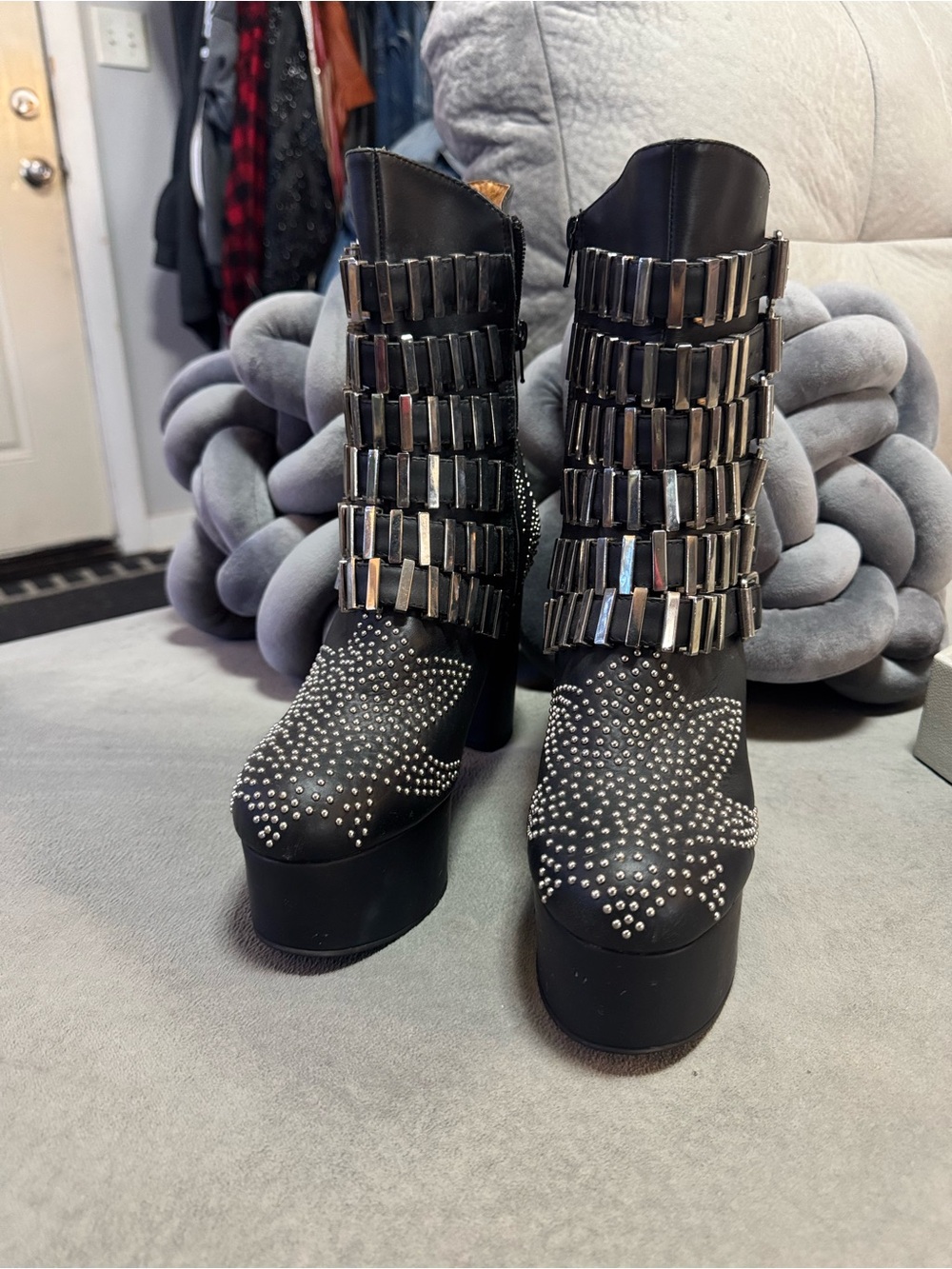 Studded Black Platform Ankle Boots with Metallic Accents